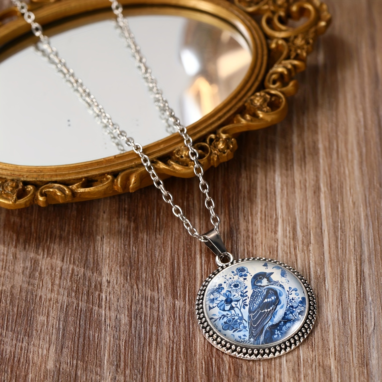 Chinese-Style Delft Blue Bird Art Necklace